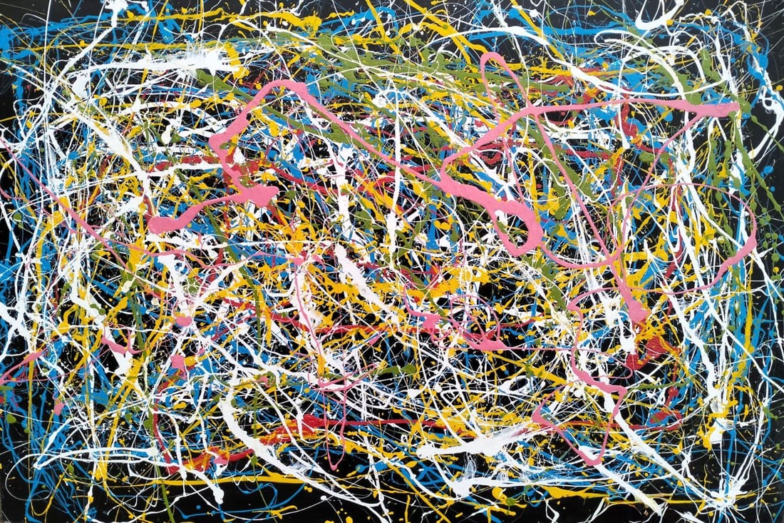 Jackson Pollock American Oil on Canvas Painting In The Style of. Rothko, Kline, & Pollock Era: Title: Abstract Drip Composition Technique: Oil on canvas Measures: 39 × 59 inches (99.1 × 149.9 cm) Year: Circa 1929 Condition: The painting is in good overall condition. The surface presents layer