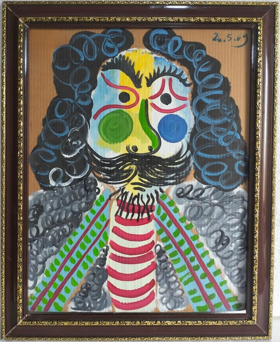 Pablo Picasso Spanish 1881-1973 Oil/Cardboard in the Style of Picasso. Magritte & Chagall Era: Title: Buste d’homme Technique: Oil and Ripolin on corrugated cardboard Measures: 28 × 22 inches (71 × 56 cm) Year: 1969 Condition: The work is in good overall condition. The painted surface retai