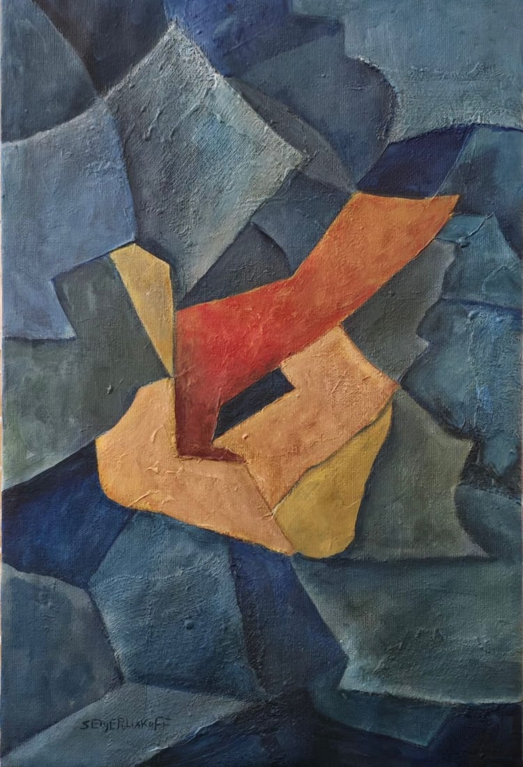 Serge Poliakof French Oil on Canvas Painting In the Style of. Poliakoff and Kandinsky Abstract Era: Title: Abstract Cubist Composition Technique: Oil on canvas Measures: 23 × 15 inches (58.4 × 38.1 cm) Year: Circa 1881–1973 Condition: The painting is in good overall condition. The surface presen