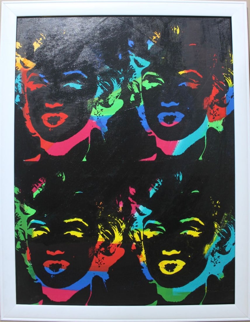 Andy Warhol 1928-1987 Silkscreen on Canvas in the style of. Warhol & Haring Pop Art: Title: Marilyn Repeated Portraits Technique: Silkscreen on canvas Measures: 36 × 27 inches (91.4 × 68.6 cm) Year: Circa 1928–1987 Condition: The artwork is in good overall condition. The silkscree