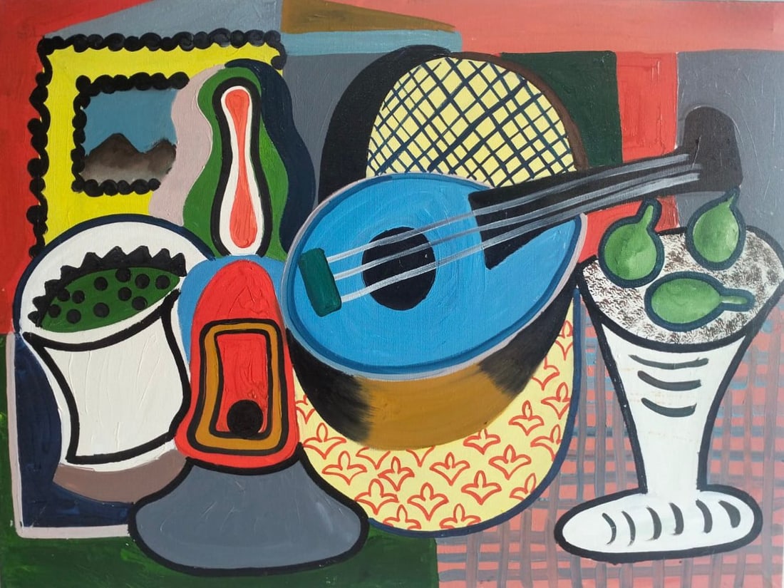 Pablo Picasso Spanish 1881-1973 Oil on Canvas Painting in the Style of Picasso. Magritte & Chagall: Title: Nature Morte Technique: Oil on canvas Measures: 23 × 31 inches (58.4 × 78.7 cm) Year: Circa 1929 Condition: The painting is in good overall condition. The surface shows stable pigment layers