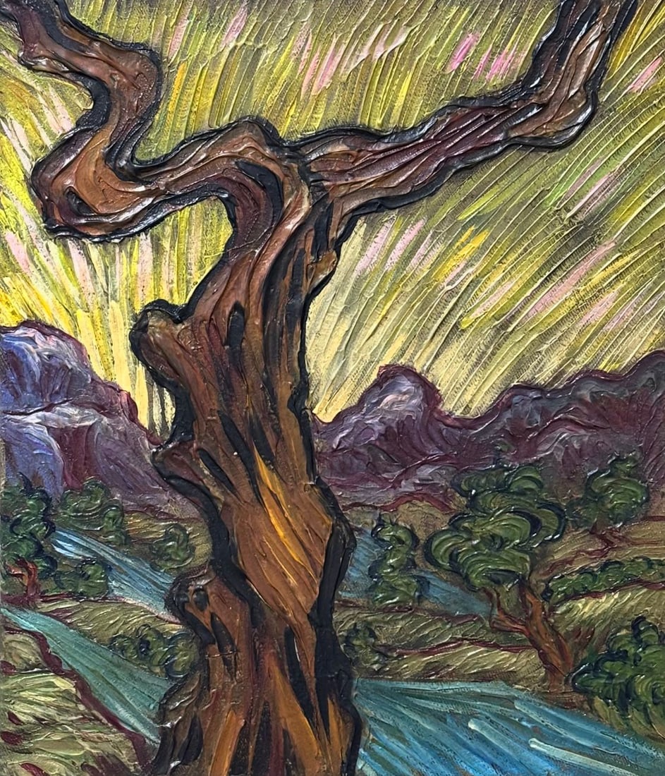 Vincent Van Gogh Dutch 1853-1890 Oil on Canvas painting in the style of. Gaugin, Monet, Degas Period: Title: Twisted Tree in the Landscape Technique: Oil on canvas Measures: 9 × 8 inches (22.9 × 20.3 cm) Year: Circa 1853–1890 Condition: The painting is in good overall condition. The surface presen