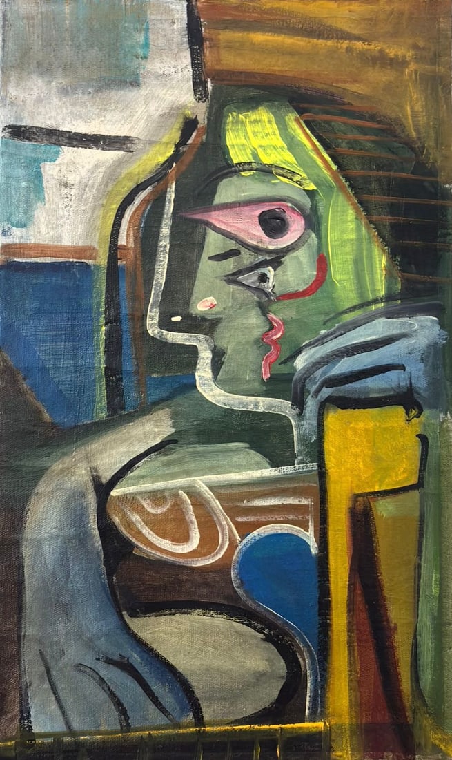 Pablo Picasso Spanish 1881-1973 Oil on Canvas Painting in the Style of Picasso. Magritte & Chagall: Title: Cubist Portrait Study Technique: Oil on canvas Measures: 16 × 14 inches (40.6 × 35.6 cm) Year: Circa 1881–1973 Condition: The painting is in good overall condition. The surface presents sta