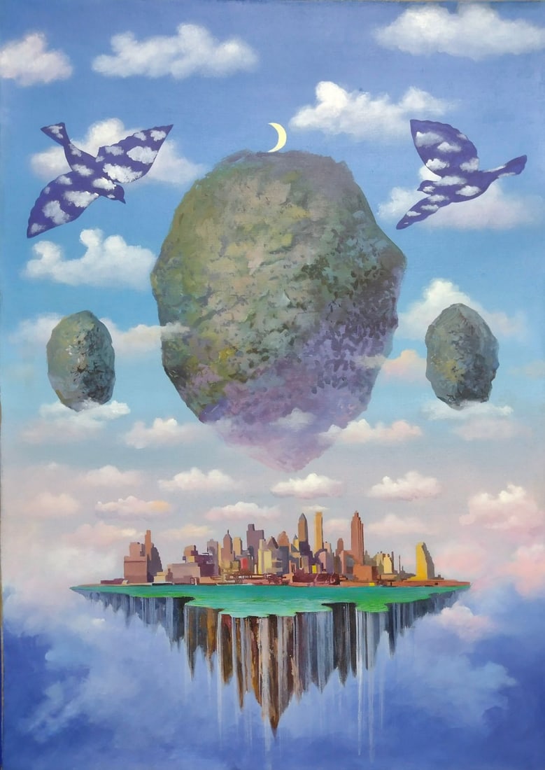 Rene Magritte Belgian 1898 - 1967 Oil on Canvas Painting in The Style of. Dali, Picasso Era: Title: Floating City with Birds Technique: Oil on canvas Measures: 27 × 19 inches (68.6 × 48.3 cm) Year: Circa 1898–1967 Condition: The painting is in good overall condition. The surface shows sta