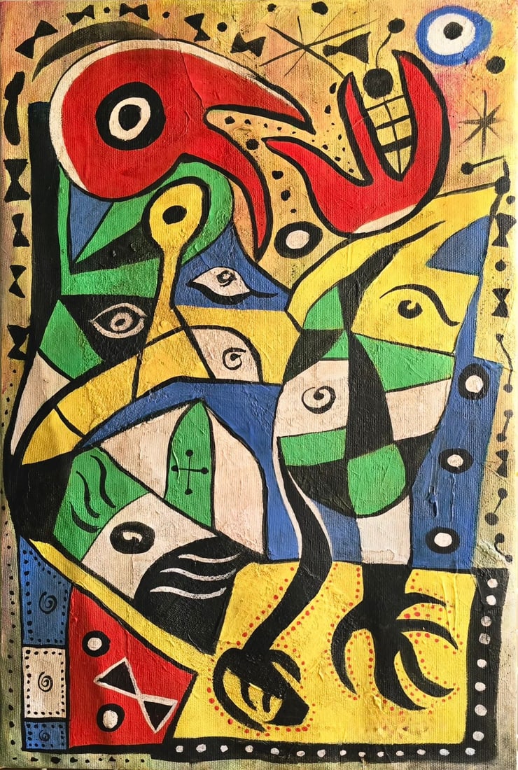 Joan Miro Spanish 1893 - 1983 Oil on Canvas in the style of. Dali, Magritte, & Miro Surrealism Era.: Title: Cubist Composition with Bird and Figures Technique: Oil on canvas Measures: 23 × 15 inches (58.4 × 38.1 cm) Year: Circa 1940–1965 Condition: The painting is in good overall condition. The s