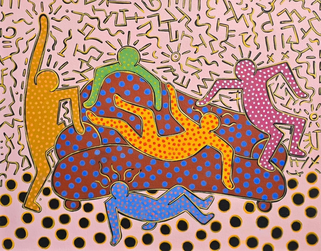 Keith Haring American 1958 - 1990 Acrylic/Masonite In The Style of. Warhol & Haring Pop Art Period.: Title: Pop Composition with Dancing Figures Technique: Acrylic on canvas Measures: 16 × 20 inches (40.6 × 50.8 cm) Year: Circa 1980–2000 Condition: The painting is in good overall condition. The s