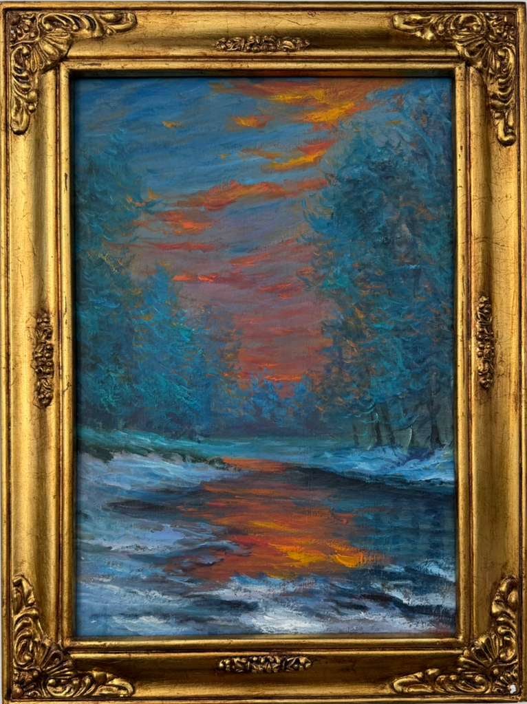 Claude Monet French 1840 - 1926 Oil on Canvas in the style of . Renoir & Manet Impressionist Era.: Title: Winter River at Sunset Technique: Oil on canvas Measures: 19 × 13 inches (48.3 × 33 cm) Year: Circa 1890–1920 Condition: The painting is in good overall condition. The surface displays stab