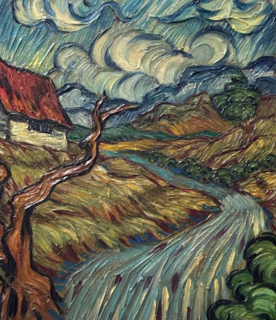 Vincent Van Gogh Dutch 1853-1890 Oil on Canvas painting in the style of. Gaugin, Monet, Degas Period: Title: Winding River Landscape Technique: Oil on panel Measures: 9 × 8 inches (22.9 × 20.3 cm) Year: Circa 1900–1920 Condition: The painting is in good overall condition. The surface shows pronoun