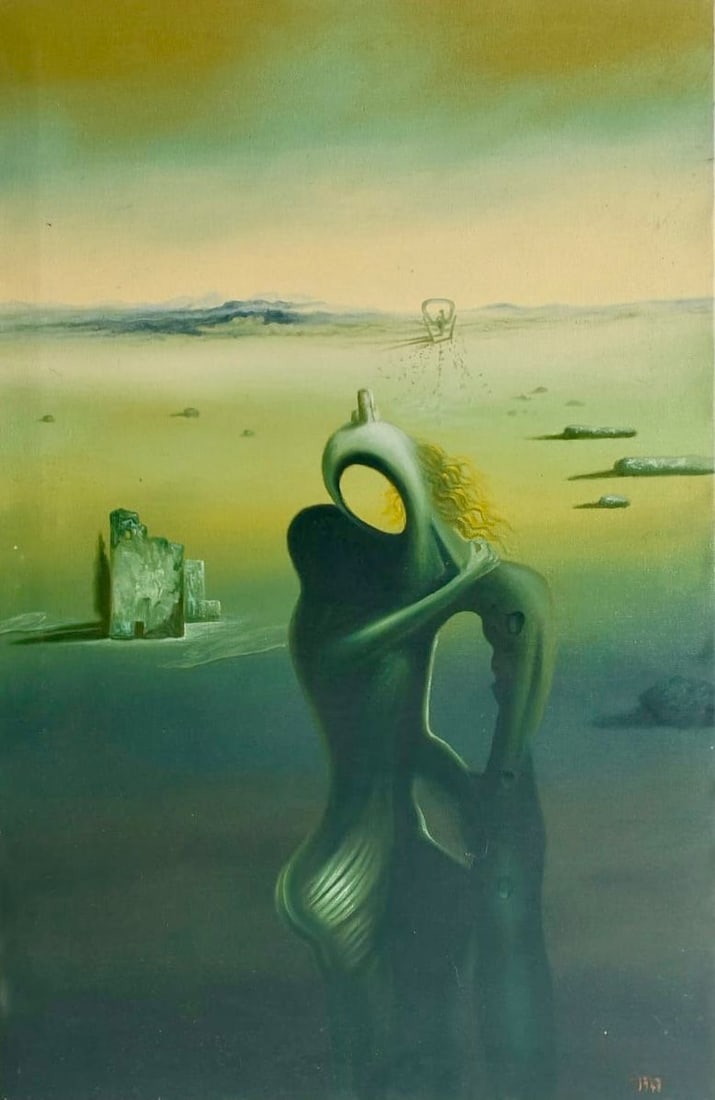 Salvador Dalí Spanish 1904–1989 Oil on Canvas Painting in the Style of Dalí. Surrealist Era with: Title: Surreal Figure in Desert Landscape Technique: Oil on canvas Measures: 33 × 22 inches (83.8 × 55.9 cm) Year: Circa 1930–1950 Condition: The painting is in good overall condition. The surface