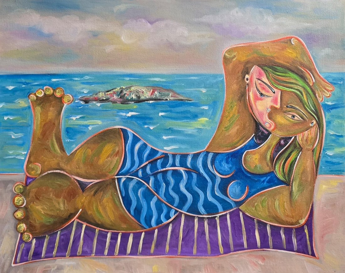 Pablo Picasso Spanish 1881-1973 Oil on Canvas Painting in the Style of Picasso. Magritte & Chagall: Title: Reclining Figure by the Sea Technique: Oil on canvas Measures: 16 × 20 inches (40.6 × 50.8 cm) Year: Circa 1950s Condition: The painting is in good overall condition. The surface shows visibl