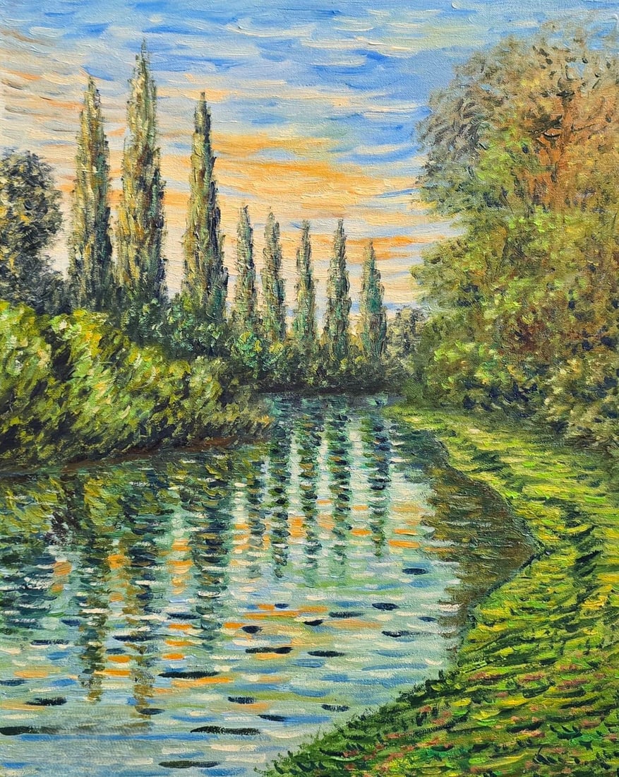 Claude Monet French 1840 - 1926 Oil on Canvas in the style of . Renoir & Manet Impressionist Era.: Title: River Landscape with Poplars Technique: Oil on canvas Measures: 20 × 16 inches (50.8 × 40.6 cm) Year: Circa 1900s Condition: The painting is in good overall condition. The surface shows fine,