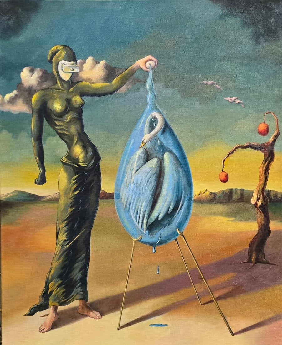 Salvador Dali Spanish 1904 - 1989 Oil on Canvas Painting in the style of. Picasso & Dali: Title: Untitled Technique: Oil on canvas Measures: 20 × 16 inches (50.8 × 40.6 cm) Year: Circa 1940s Condition: The painting is in good overall condition. The surface shows smooth, controlled brushw