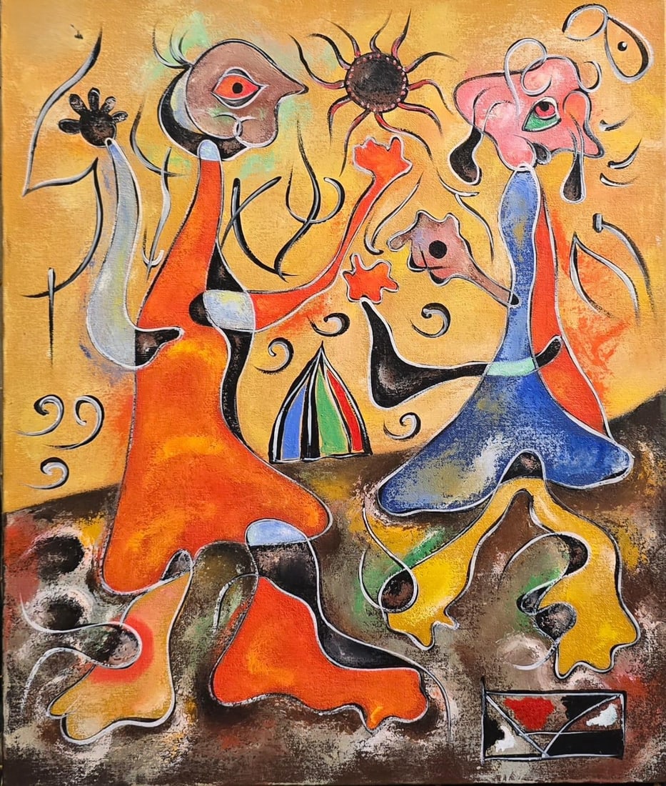 Joan Miro Spanish 1893 - 1983 Oil on Canvas in the style of. Dali, Magritte, & Miro Surrealism Era.: Title: Untitled Technique: Oil on canvas Measures: 20 × 15 inches (50.8 × 38.1 cm) Year: Circa 1940s Condition: The painting is in good overall condition. The surface shows textured brushwork with m