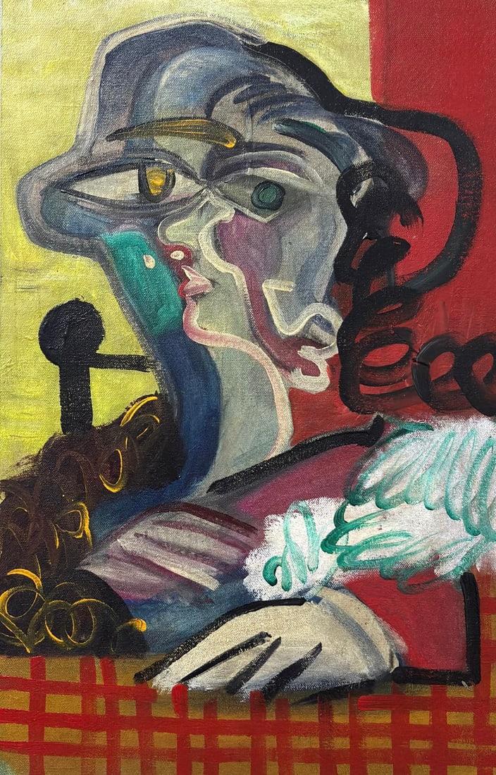 Pablo Picasso Spanish 1881-1973 Oil on Canvas Painting in the Style of Picasso. Magritte & Chagall: Title: Untitled Technique: Oil on canvas Measures: 20 × 13 inches (50.8 × 33 cm) Year: Circa late 20th century Condition: The painting appears to be in good condition, with stable paint layers and v