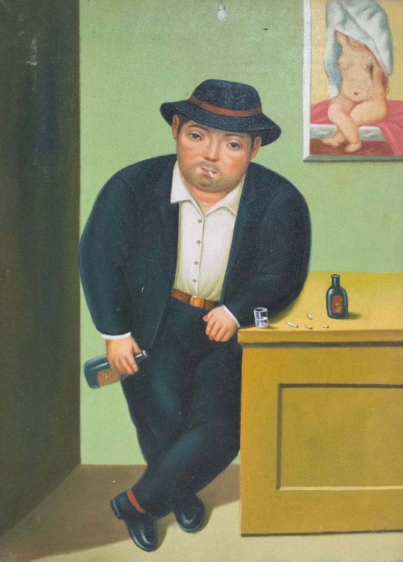 Fernando Botero (1932–2023) Colombian Oil/Canvas Painting in the Style of Botero Late 20th Century: Title: Untitled Technique: Oil on canvas Measures: 22 × 16 inches (55.9 × 40.6 cm) Year: 1993 Condition: The painting is in good overall condition. The surface shows stable pigment with minor wear c
