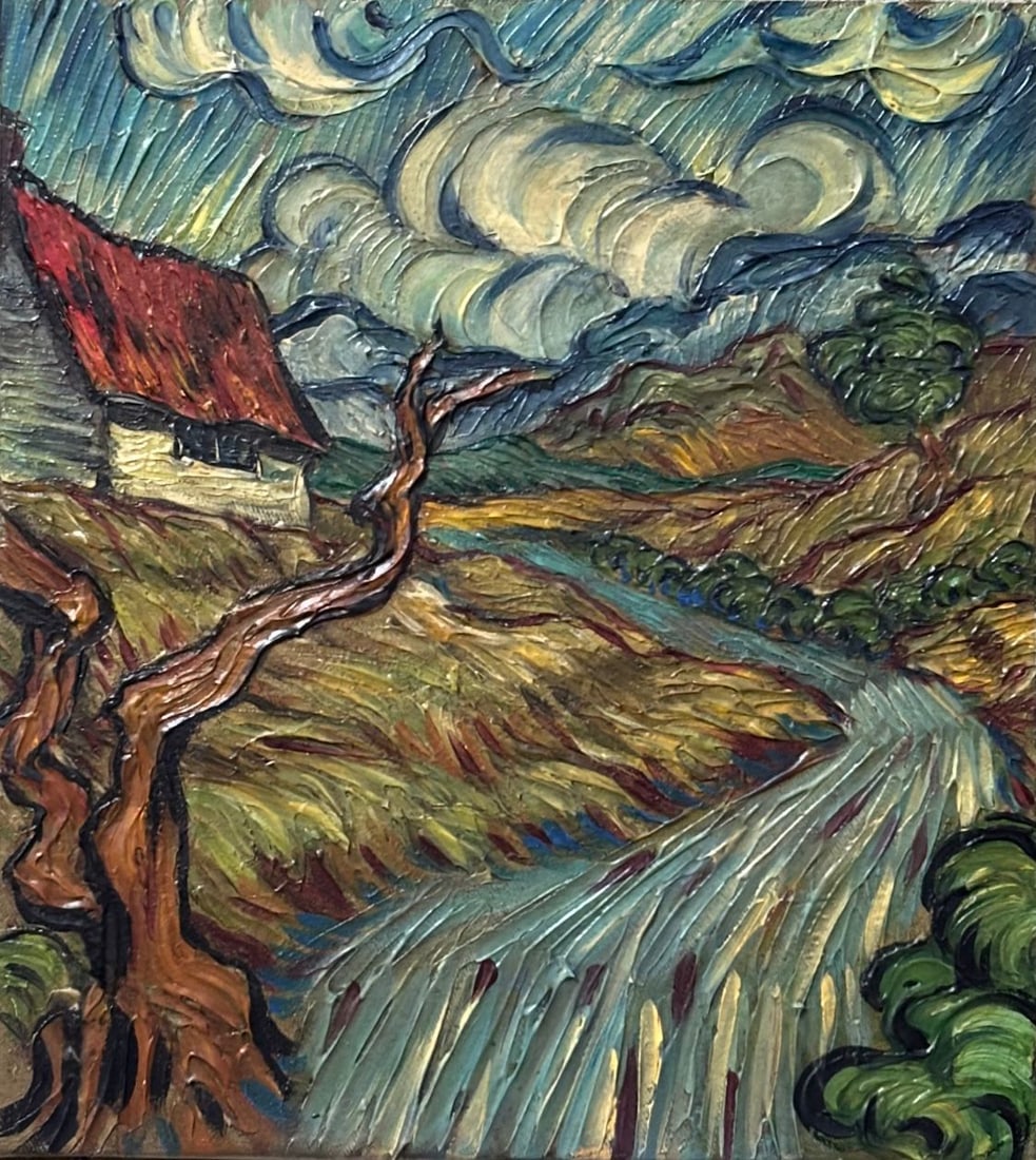 Vincent Van Gogh Dutch 1853-1890 Oil on Canvas painting in the style of. Gaugin, Monet, Degas Period: Title: Landscape with House Technique: Oil on canvas Measures: 20 × 16 inches (50.8 × 40.6 cm) Year: Circa 1890s Condition: The painting is in good overall condition. The surface shows pronounced im