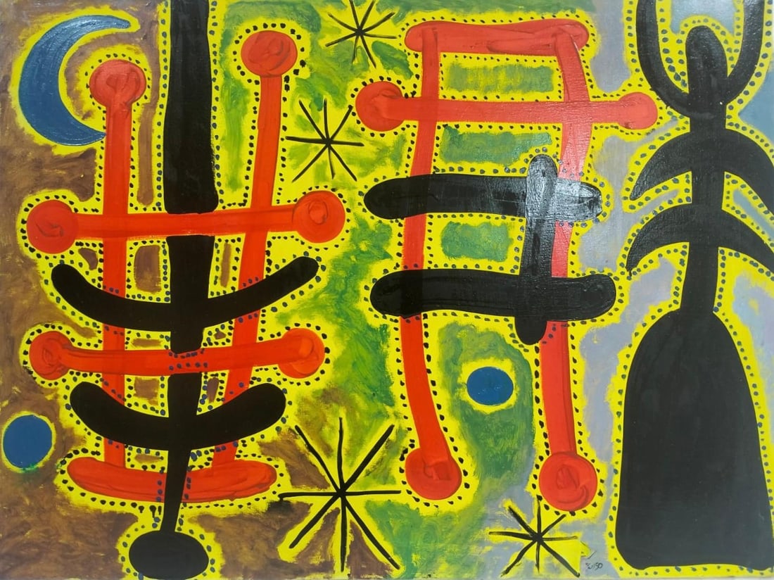 Joan Miro Spanish 1893 - 1983 Oil on Canvas in the style of. Dali, Magritte, & Miro Surrealism Era.: Title:Personnages et oiseaux devant le soleil Technique:Oil on canvas Measures:23 × 31 inches(58.42 × 78.74 cm) Year:1950 Condition:Good overall condition. The canvas is structurally sound, with a s