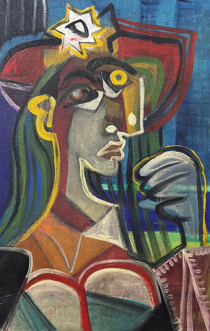 Pablo Picasso Spanish 1881-1973 Oil on Canvas Painting in the Style of Picasso. Magritte & Chagall: Title: Untitled Technique: Oil on canvas Measures: 20 × 13 inches (50.8 × 33 cm) Year: Circa late 20th century Condition: The painting appears to be in very good condition. The paint surface is stab