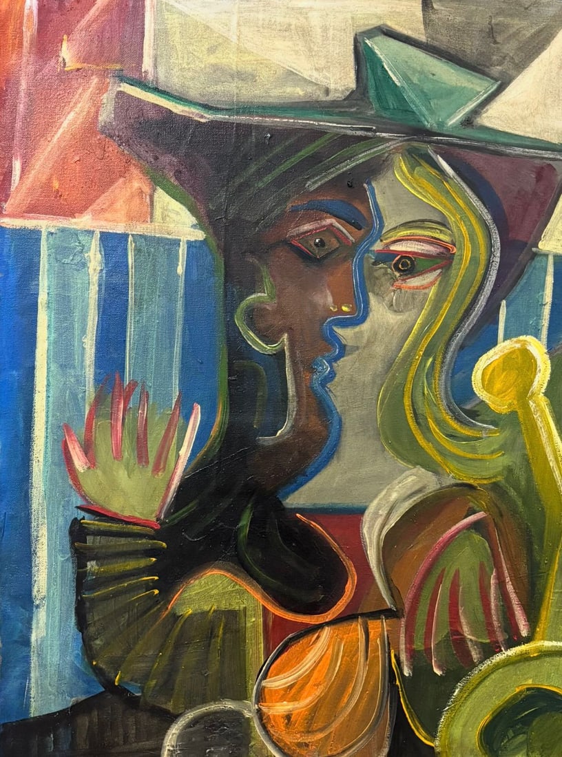 Pablo Picasso Spanish 1881-1973 Oil on Canvas Painting in the Style of Picasso. Magritte & Chagall: Title: Untitled Technique: Oil on canvas Measures: 24 × 17 inches (61 × 43.2 cm) Year: Circa 1950s Condition: The painting is in good overall condition. The surface shows visible brushwork with mino