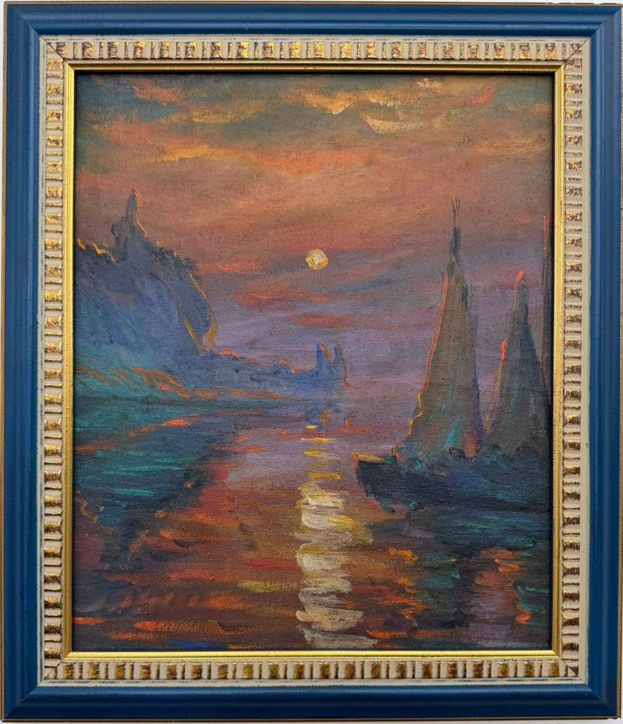 Claude Monet French 1840 - 1926 Oil on Canvas in the style of . Renoir & Manet Impressionist Era.: Title: Seascape at Sunset Technique: Oil on canvas Measures: 12 × 10 inches (30.5 × 25.4 cm) Year: Circa 1900s Condition: The painting is in good overall condition. The surface shows delicate brushw