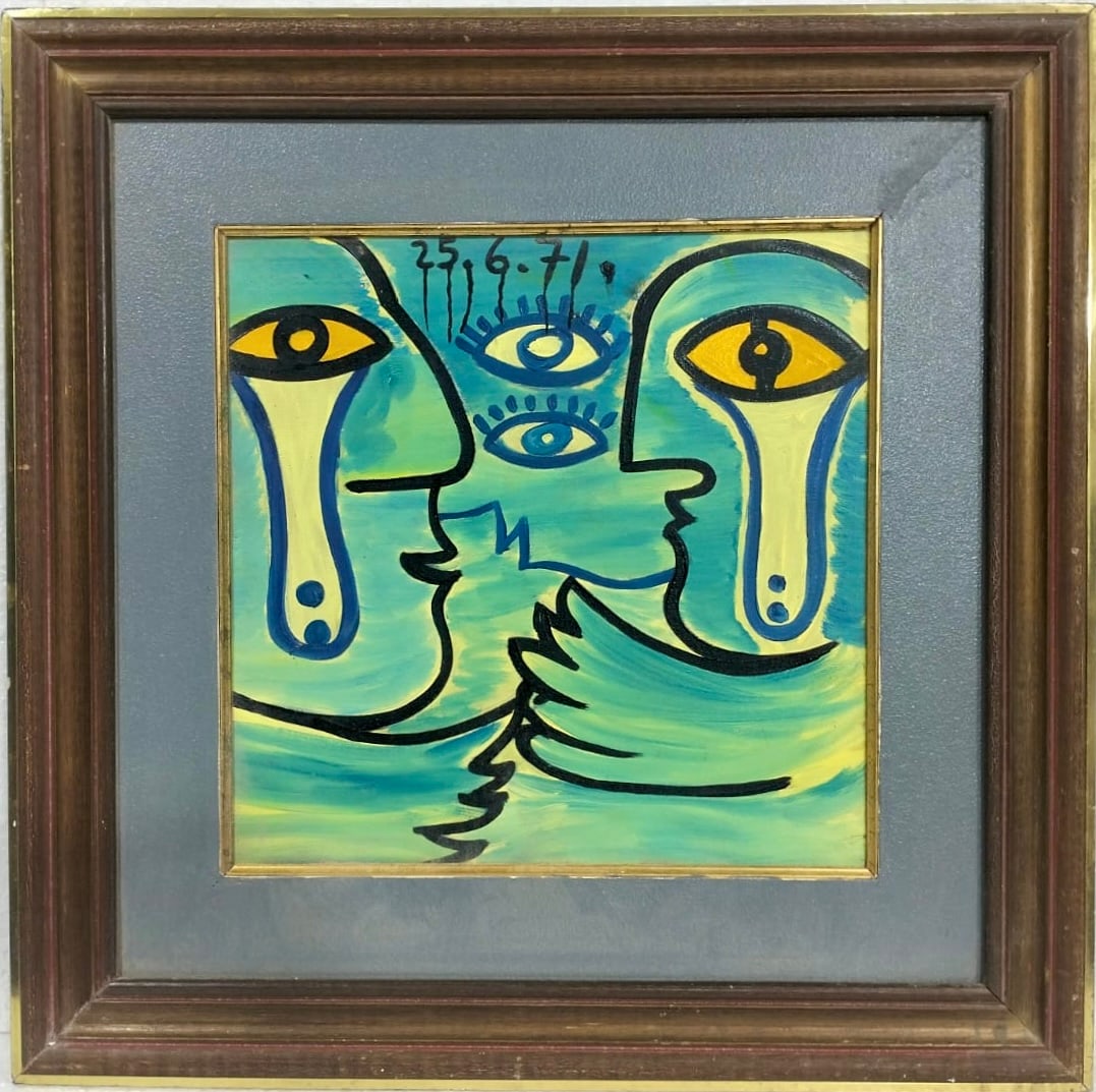 Pablo Picasso Spanish 1881-1973 Oil on Canvas Painting in the Style of Picasso. Magritte & Chagall: Title: Untitled Technique: Oil on canvas Measures: 15 × 15 inches (38.1 × 38.1 cm) Year: Circa 1971 Condition: The painting is in good overall condition. The surface shows stable pigment with minor