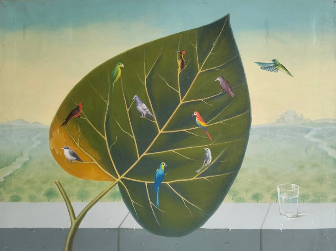 René Magritte Belgian 1898–1967 Oil on Canvas Painting in the Style of Magritte. Dalí & Miró: Title: Untitled Technique: Oil on canvas Measures: 23 × 31 inches (58.4 × 78.7 cm) Year: Circa 1948 Condition: The painting is in good overall condition. The surface shows stable pigment with smooth