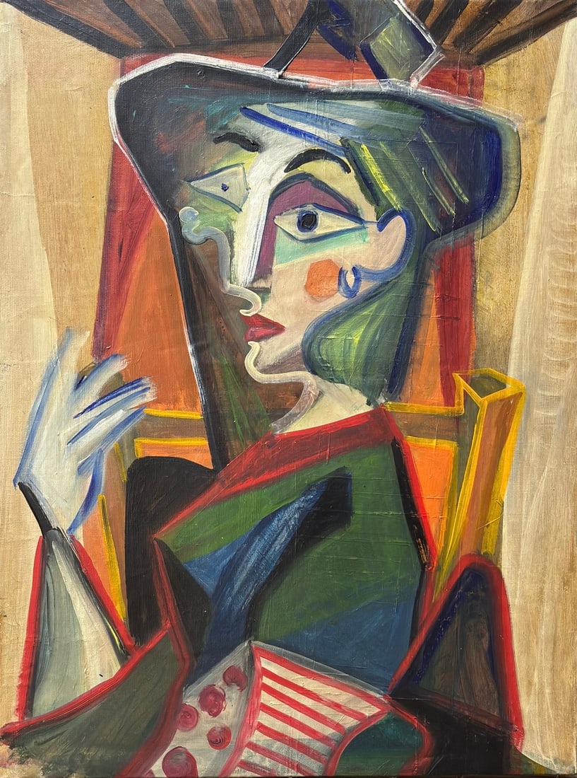 Pablo Picasso Spanish 1881-1973 Oil on Canvas Painting in the Style of Picasso. Magritte & Chagall: Title: Untitled Technique: Oil on canvas Measures: 23 × 17 inches (58.4 × 43.2 cm) Year: Circa 1970s Condition: The painting is in good overall condition. The surface shows stable pigment with visib