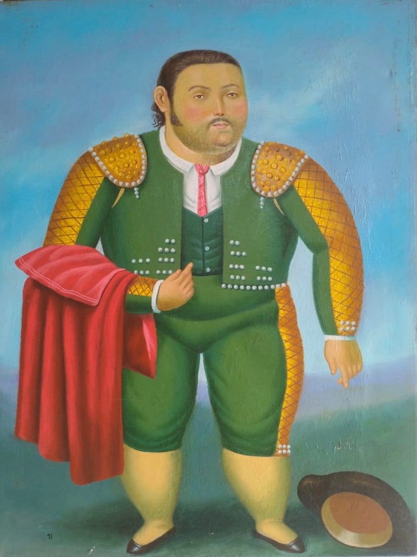 Fernando Botero Colombian 1932–2023 Oil on Canvas Painting in the Style of Botero. Rivera & Orozco: Title: Untitled Technique: Oil on canvas Measures: 18 × 15 inches (45.7 × 38.1 cm) Year: Circa 1991 Condition: The painting is in good overall condition. The surface shows stable pigment with smooth