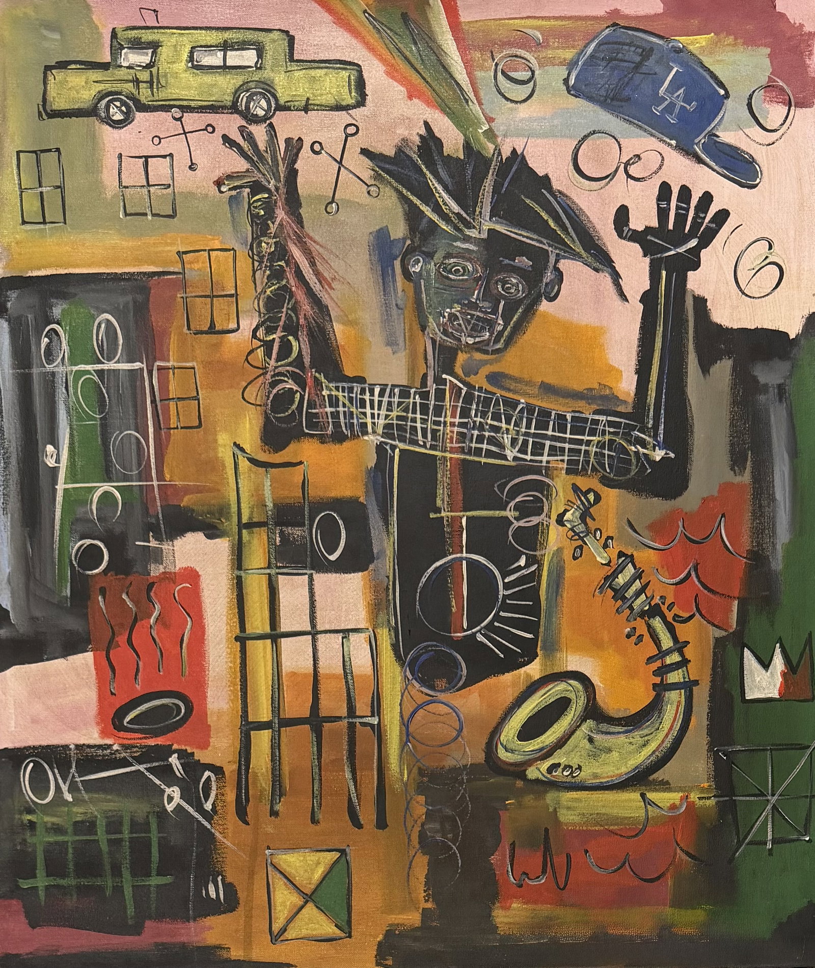 Jean Michel Basquiat 1960-1988 Mixed Media/Canvas In The Style of. Haring,Warhol,Basquiat Era.: Title: Untitled Technique: Oil on canvas Measures: 24 × 28 inches (61 × 71.1 cm) Year: Circa 1980s Condition: The painting is in good overall condition. The surface shows stable pigment with energet