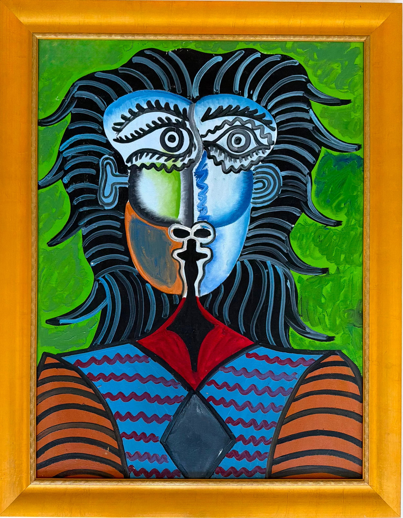 Pablo Picasso French 1881-1973 oil on canvas painting Buste de Homme in the styleof.Dali,Picasso Era: DescriptionTitle: Buste de Homme Technique: Oil on canvas Measures: 31 x 23 inches Year: 03.06.39 Visual Description: This striking and highly decorative composition presents a stylized male bust rend