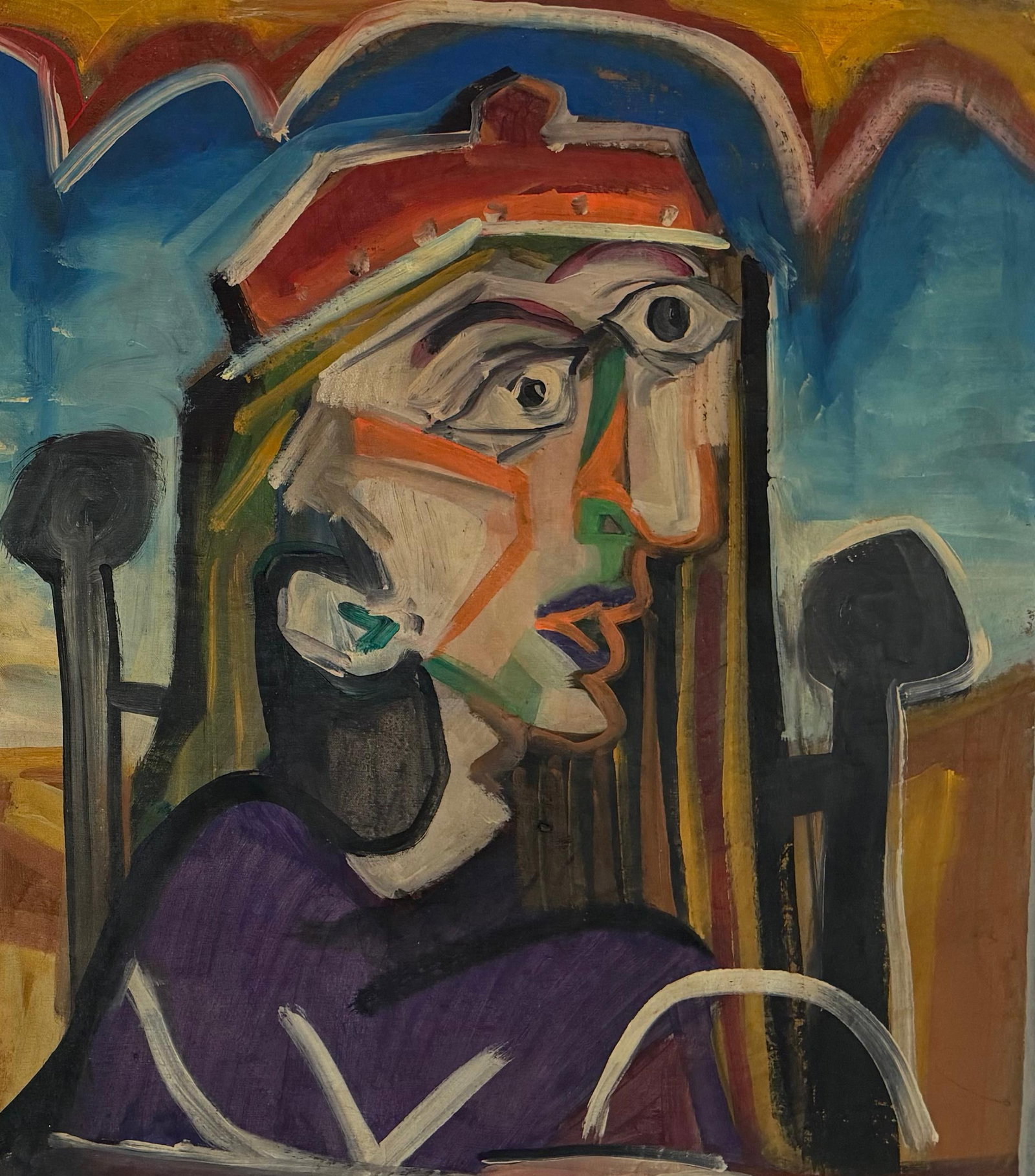 Pablo Picasso French 1881-1973 Oil on Canvas painting Cubist Portrait in the style of Cubist Era: Title: Cubist Portrait with Red Headdress Technique: Oil on canvas Measures: 19 x 15 inches (48.3 x 38.1 cm) Year: Mid-20th century Visual Description: This striking and highly decorative composition 