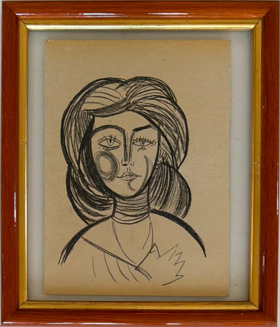Pablo Picasso French 1881-1973 Crayon on Paper painting Femme au regards in the style of Cubist Era: Title: Femme au Regard Pensif Technique: Ink on paper Measures: 11 x 8 inches Year: Mid-20th century Visual Description: This elegant and highly decorative portrait depicts a contemplative female figu