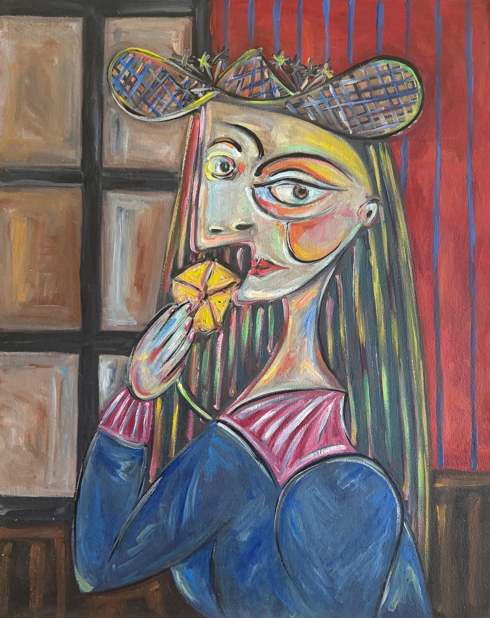 Pablo Picasso French 1881-1973 Oil on Canvas painting Femme painting in the style of Cubist Era: Title: Femme à l'Éventail Doré Technique: Oil on canvas Measures: 20 x 16 inches Year: Mid-20th century Visual Description: This striking and highly decorative composition depicts an elegant female