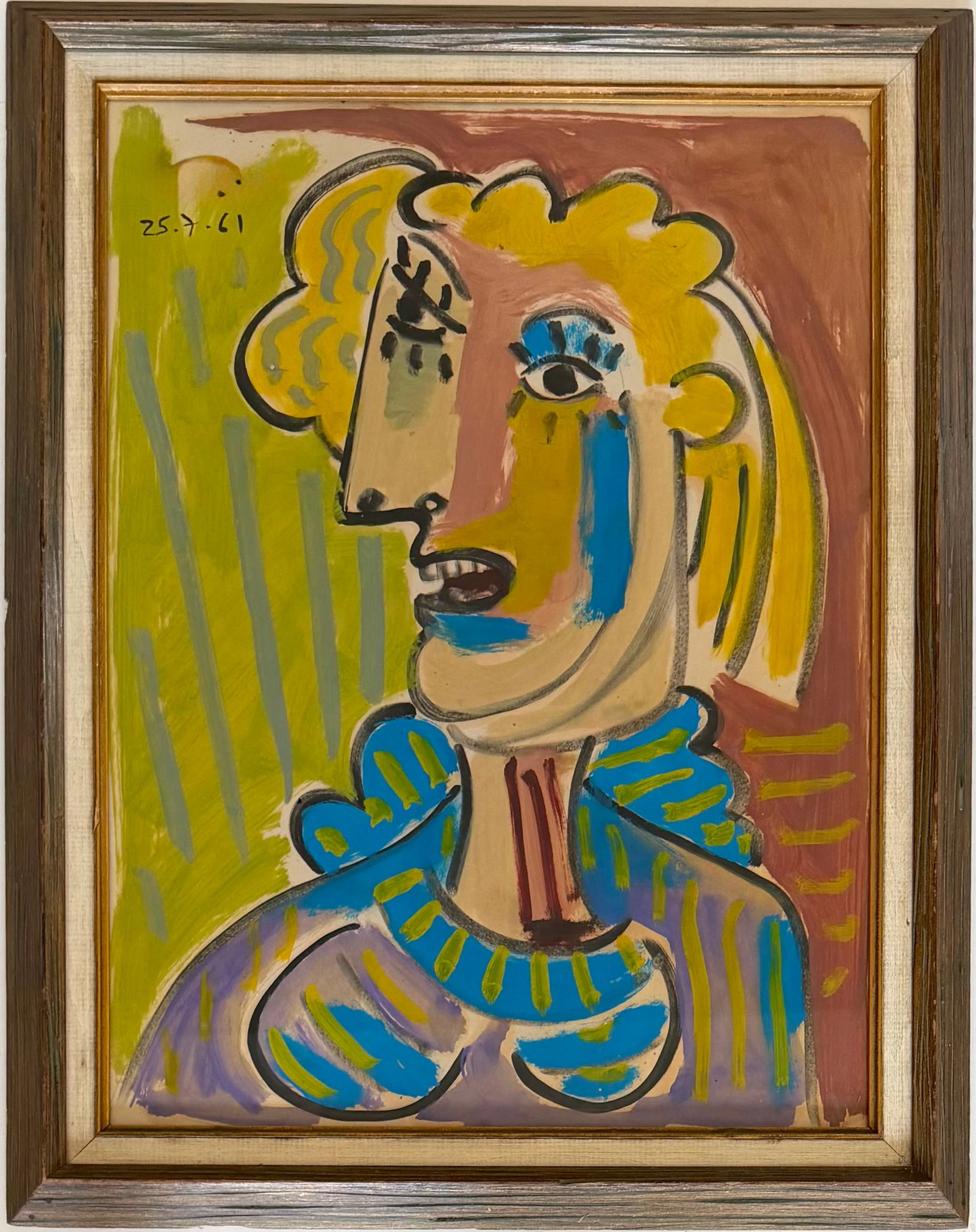 Pablo Picasso French 1881-1973 Watercolor on paper painting in the style of Braque, Dali Era: Title: Femme au Col Bleu Technique: Watercolor on paper Measures: 24 x 18 inches Year: 1961 Visual Description: This vibrant and highly decorative composition depicts a stylized female bust rendered t