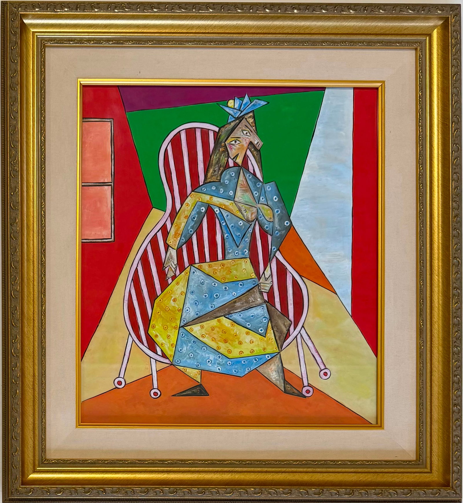 Pablo Picasso French 1881-1973 Gouache on paper painting in the style of Braque, Dali Era: Title: Femme Assise dans un Fauteuil Rouge Technique: Gouache on paper Measures: 16 x 14 inches Year: Mid-20th century Visual Description: This vibrant and highly decorative composition depicts a seat