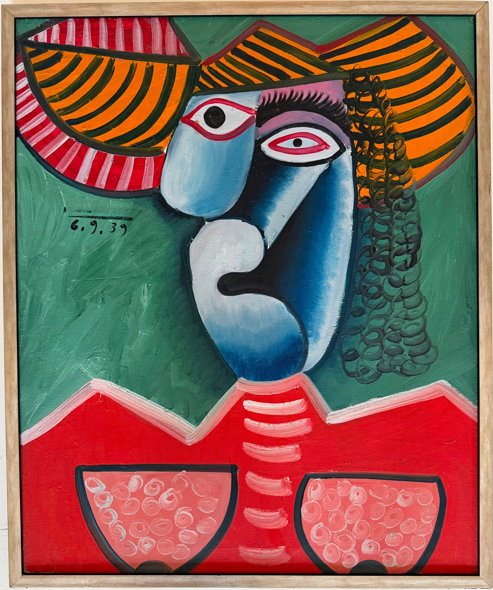 Pablo Picasso French 1881-1973 Oil on Canvas painting in the style of Dali, Magritte, BraqueEra: Title: Buste de Homme Technique: Oil on canvas Measures: 20 x 16 inches Year: 1939 Visual Description: This bold and highly decorative composition presents a commanding male bust rendered through a po
