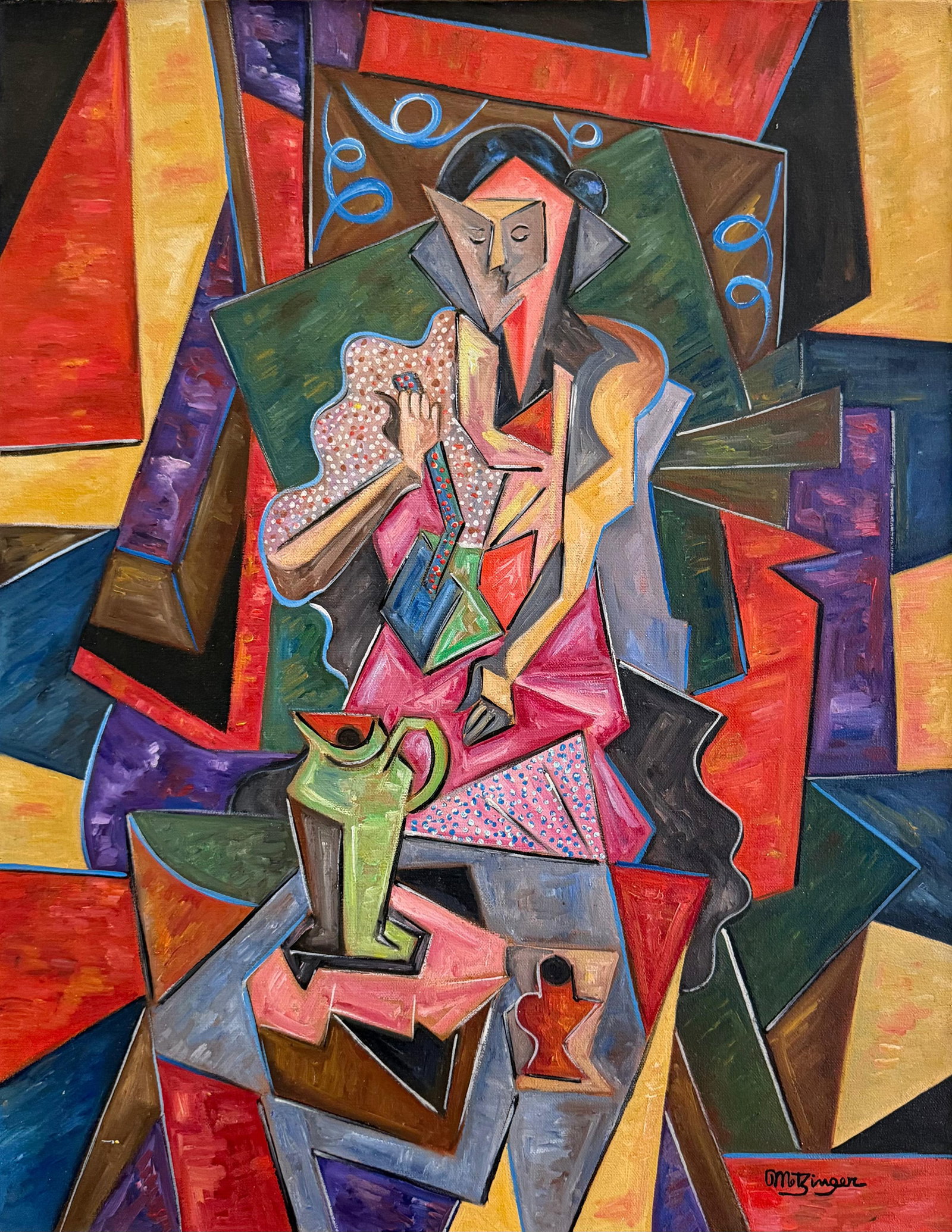 Jean Metzinger French 1883–1956 Oil on Canvas In the Style of, Dali , Picasso Miro Era.: Title: Femme Assise à la Cruche Verte Technique: Oil on canvas Measures: 16 x 12 inches (40.6 x 30.5 cm) Year: Early 20th-century Modernist tradition Visual Description: This striking and highly deco