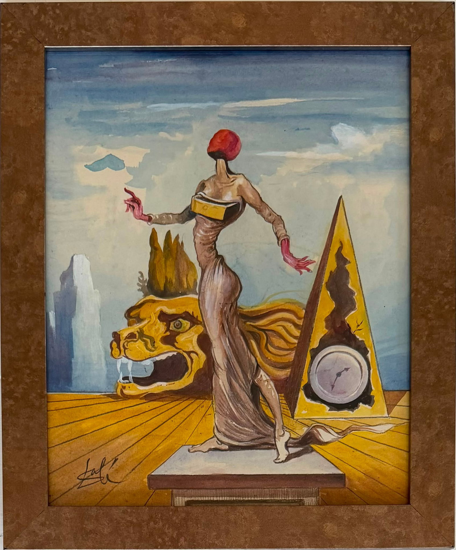 Salvador Dali Spanish 1904-1989 watercolor on paper In the Style of, Picasso Miro , Braque Era.: Title: Femme au Temps Suspendu Technique: Watercolor on paper Measures: 14 x 11 inches Year: Mid-20th Century Surrealist Period Visual Description: This captivating and highly decorative composition p