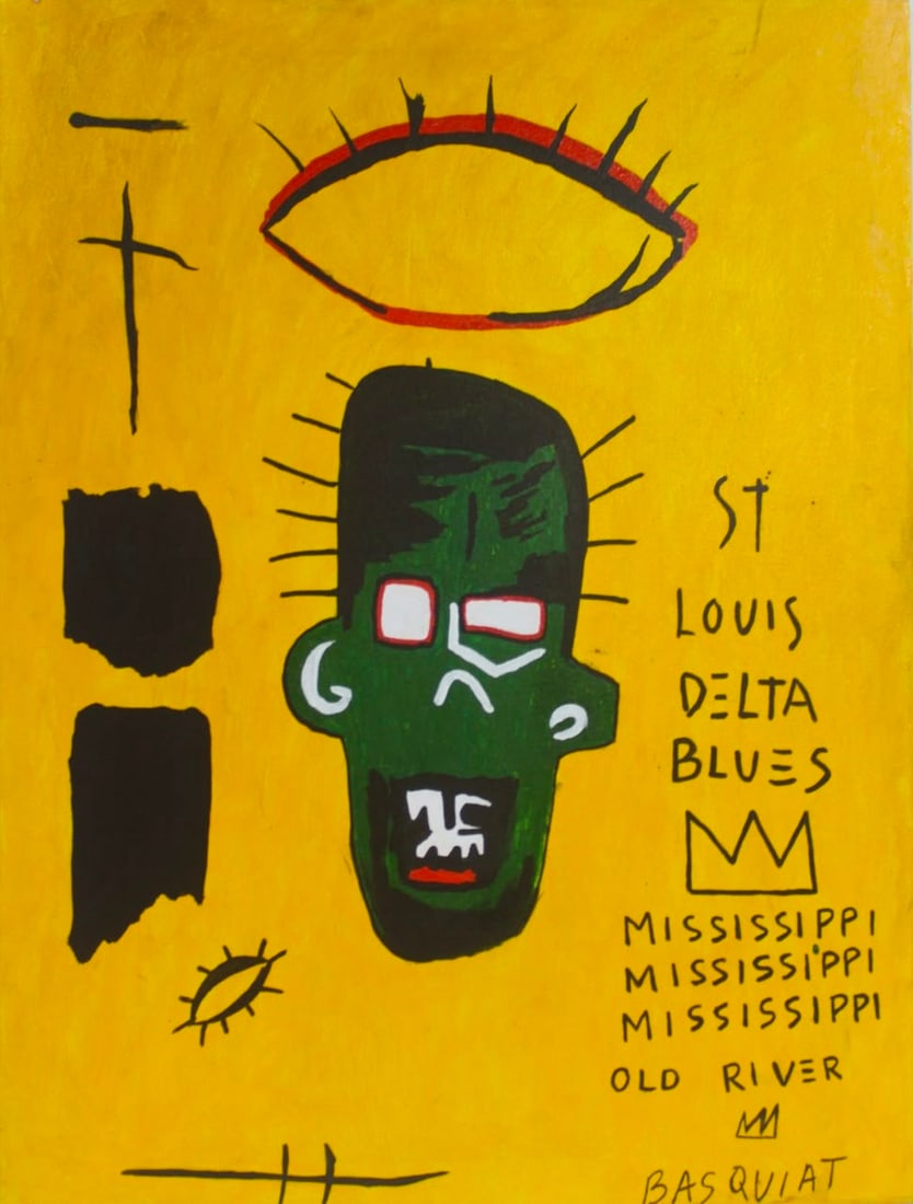 Jean Michel Basquiat American 1960-1988 Acrylic painting in the style.De Kooning, Kline, Haring Era: Title: Untitled Technique: Acrylic on canvas Measures: 24 x 18 inches Year: 1982 Visual Description: This bold and highly collectible composition embodies the raw visual energy and cultural intensity 