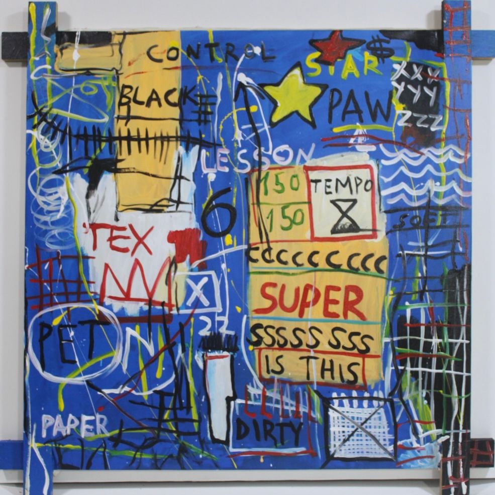 Jean Michel Basquiat American 1960-1988 Acrylic painting in the style.De Kooning, Kline, Haring Era: Title: Untitled Blue Urban Narrative Technique: Mixed technique on canvas Measures: 35 x 25 inches (88.9 x 63.5 cm) Year: 1982 Visual Description: This vibrant and highly collectible composition captu