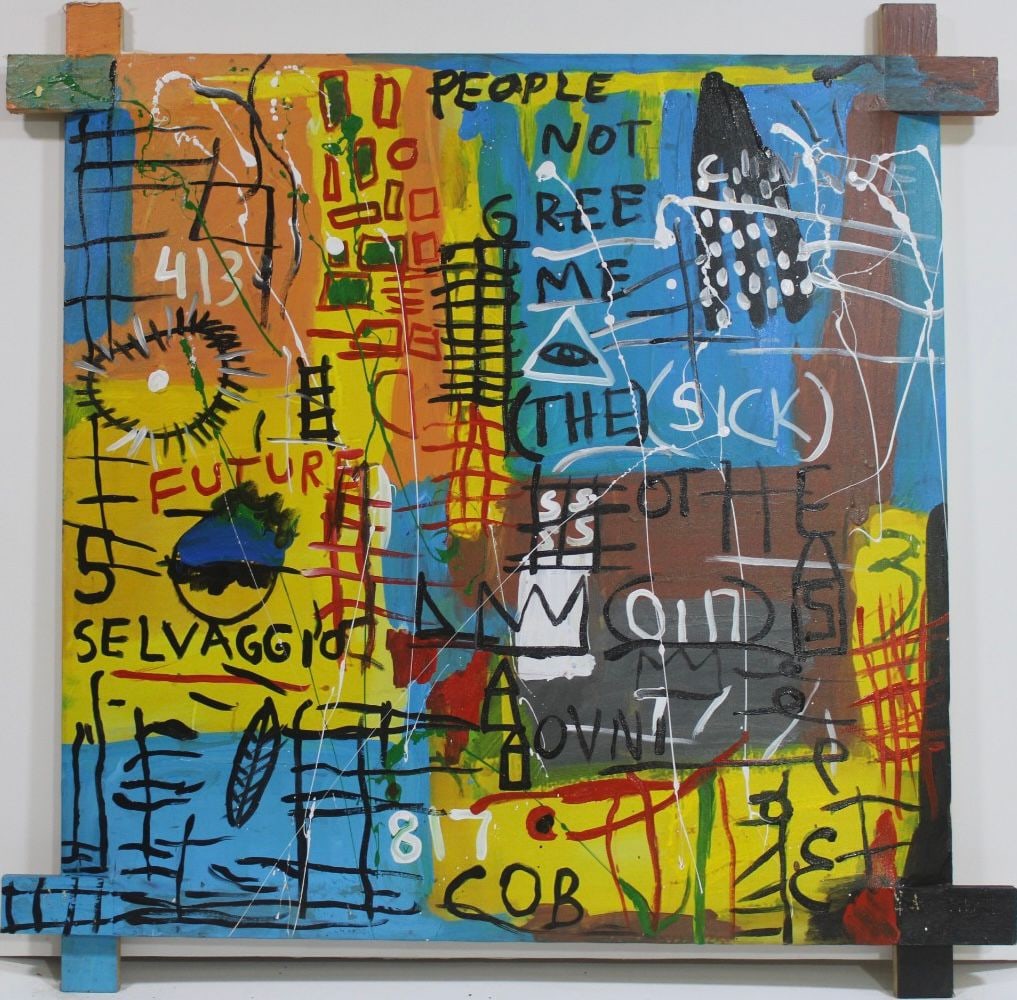 Jean Michel Basquiat American 1960-1988 Acrylic painting in the style.De Kooning, Kline, Haring Era: Title: Untitled Technique: Mixed technique on canvas Measures: 35 x 35 inches (88.9 x 88.9 cm) Year: 1982 Visual Description: This striking and highly expressive composition embodies the raw visual en