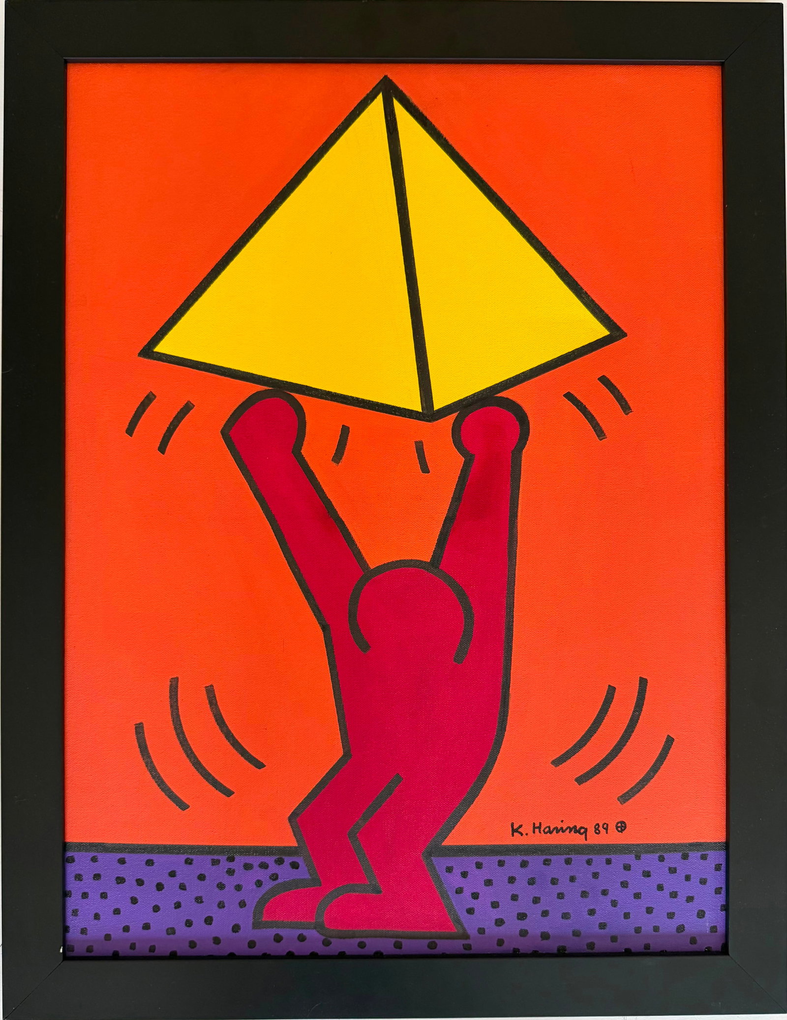 Keith Haring American 1958-1990 Acrylic painting on canvas in the style.De Kooning,Kline, Haring Era: Title: Radiant Figure with Pyramid Technique: Acrylic on canvas Measures: 24 x 18 inches (61 x 45.7 cm) Year: 1989 Visual Description: This iconic composition presents a dynamic human figure supportin