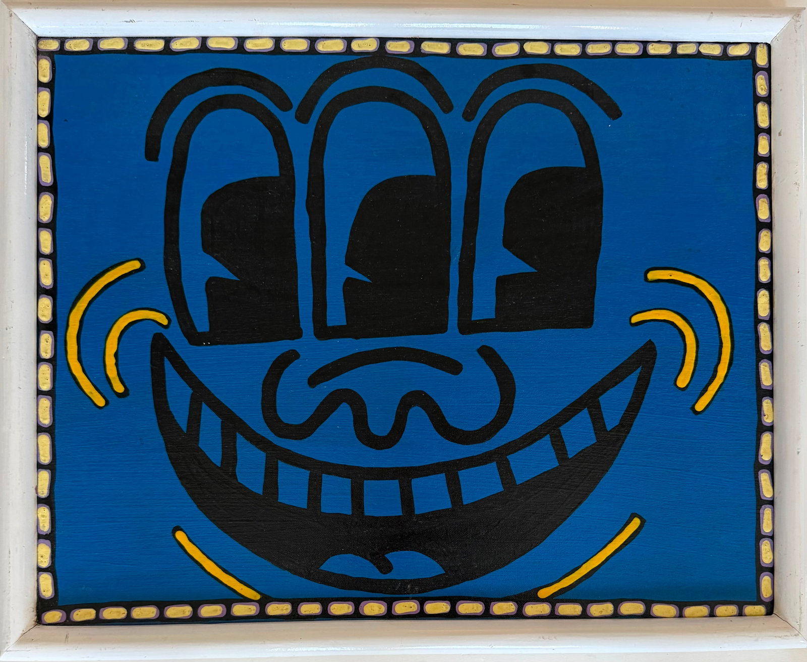Keith Haring American 1958-1990 Felt pen on paper in the style.Pollock ,Kline, Haring Era: Title: Untitled Technique: Acrylic on canvas Measures: 24 x 18 inches (61 x 45.7 cm) Year: 1982 Visual Description: This bold and visually captivating composition features a monumental smiling face re