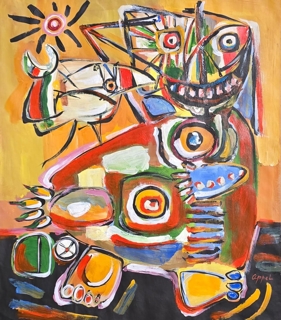 Karel Appel Dutch 1921-2006 Acrylic on paper painting in the style of, Picasso , Basquiat ,WarhoEra: Title: Untitled Composition Technique: Acrylic on paper Measures: 15 x 13 inches (38.1 x 33 cm) Condition: Good condition. Surface shows stable pigment application with vibrant coloration and energeti