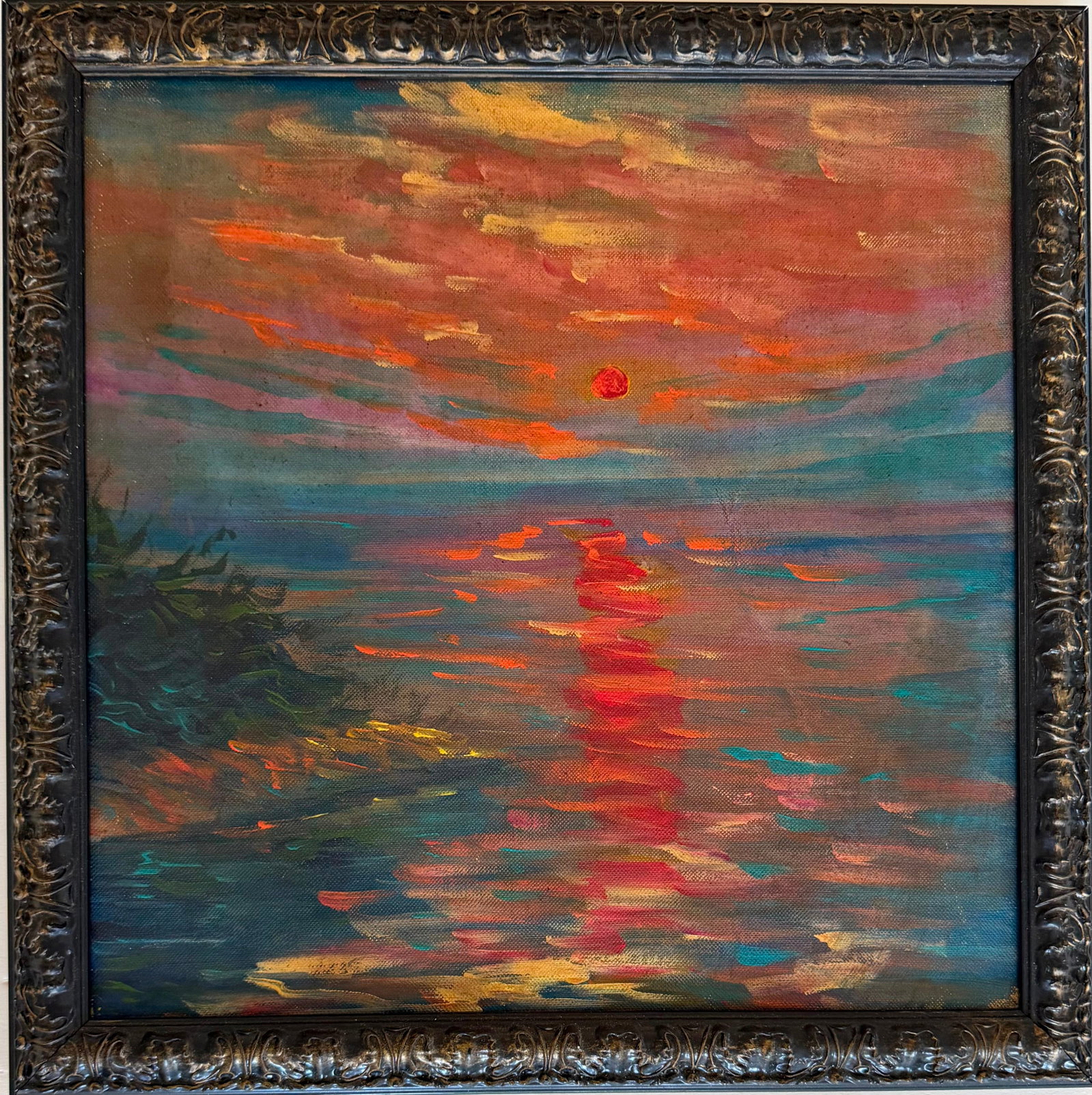 Claude Monet French 1840-1926 oil on canvas painting in the style of Sunset over Tranquil: Title: Sunset Over Tranquil Waters Technique: Oil on canvas Measures: 13 x 13 inches (33 x 33 cm) Year: Late 19th Century Impressionist Period Condition: Good condition. Surface presents stable pigmen