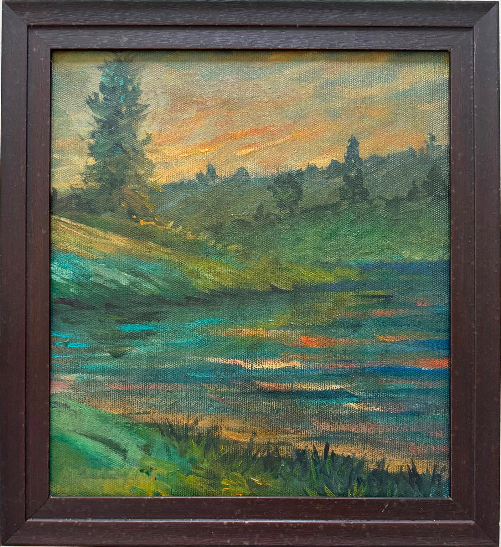 Claude Monet French 1840-1926 oil on canvas painting in the style of Riverside at Dusk, Van Gogh Era: Title: Riverside at Dusk Technique: Oil on canvas Measures: 12 x 11 inches (30.5 x 27.9 cm) Year: Late 19th Century Impressionist Period Condition: Good condition. Surface presents stable pigment appl