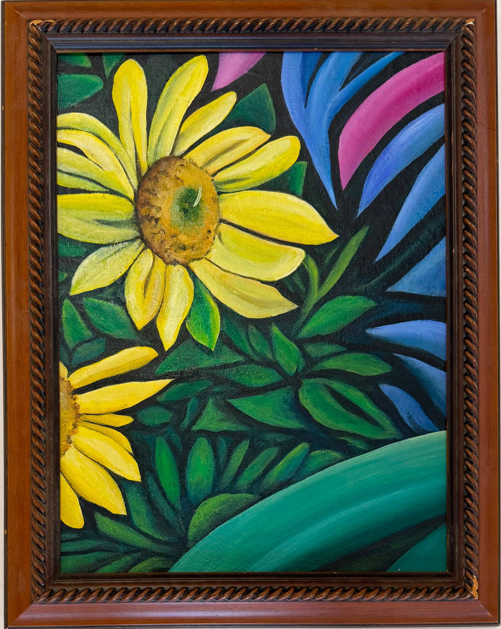 Georgia O’Keeffe American, 1887–1986 oil on canvas painting in the style of Sunflowers in Bloom,: Title: Sunflowers in Bloom Technique: Oil on canvas Measures: 16 x 12 inches (40.6 x 30.5 cm) Year: Mid-20th Century Modernist Period Condition: Good condition. Surface presents stable pigment applica