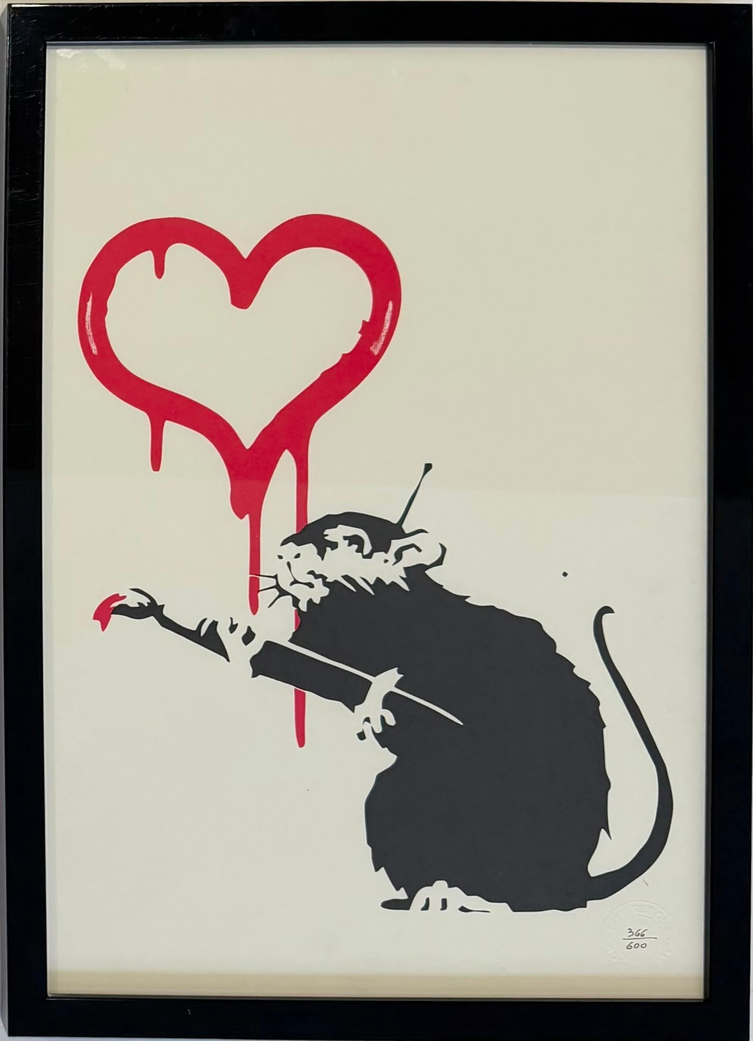 Banksy (British, b. 1974) Lithograph on paper Love Rat: Title: Love Rat Technique: Lithograph on paper Measures: 19 x 13 inches (48.3 x 33 cm) Year: Contemporary Street Art Period Condition: Good condition. Surface presents well-preserved imagery with stro