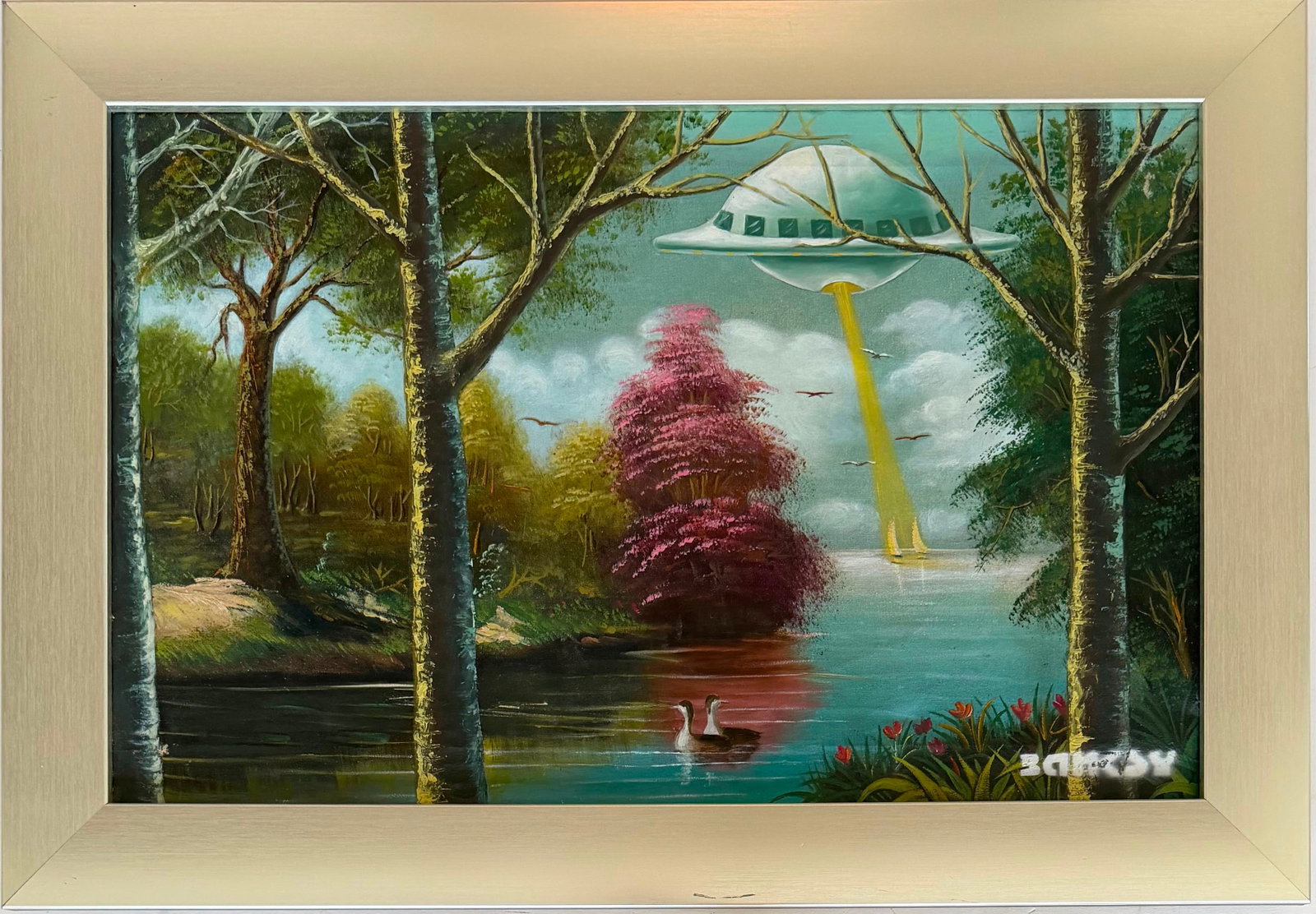 Banksy (British, b. 1974) Oil on Canvas painting Invasion Ufo: Title: Invasion UFO Technique: Oil on canvas Measures: 28 x 18 inches (71.1 x 45.7 cm) Year: 2005 Condition: Good condition. Surface presents stable pigment application with vivid coloration and well-