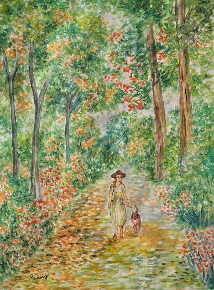 Pierre Auguste Renoir (French, 1841–1919) Oil on canvas painting in the style of Garden Path: Title: Garden Path with Figure and Dog Technique: Watercolor on paper Measures: 15 x 11 inches (38.1 x 27.9 cm) Year: Late 19th Century Impressionist Period Condition: Good condition. Surface presents